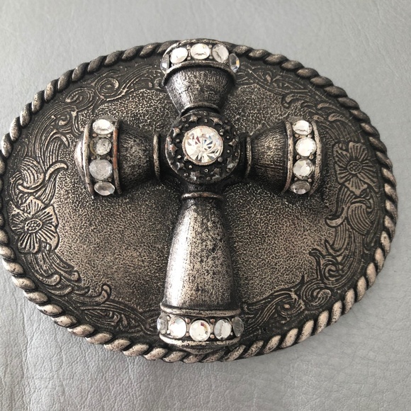 Robbie French Belt Buckle w/ Cross and Rhinstones